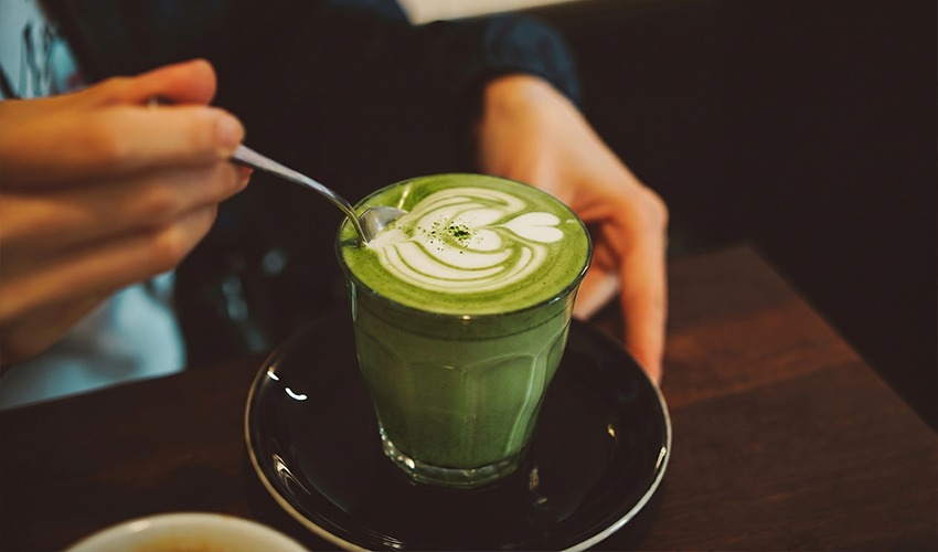 Matcha latte with leaf art at an aesthetic Sydney cafe